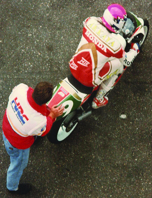 Can Akkaya with HRC technician Kai Brachthauser in Zolder Circuit, Belgium 1993