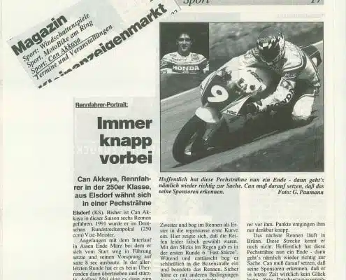 Always close, says the Nurburger magazine article about Superbike-Coach Can Akkaya in 1992