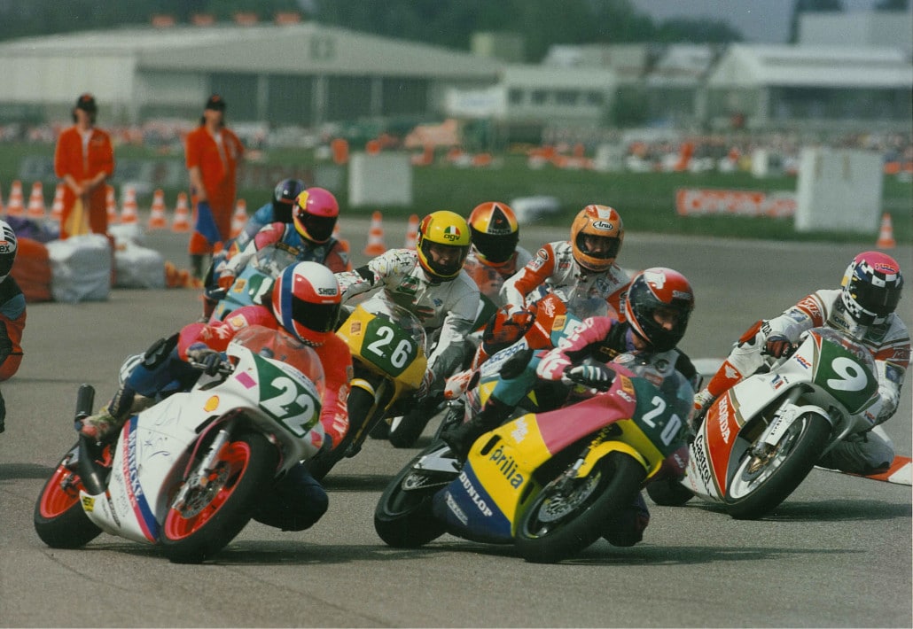 Speyer 1993. Can Akkaya's with no.9 in his first German IDM race. 60,000 fans watching the most competetive class on this planet- 250cc GP