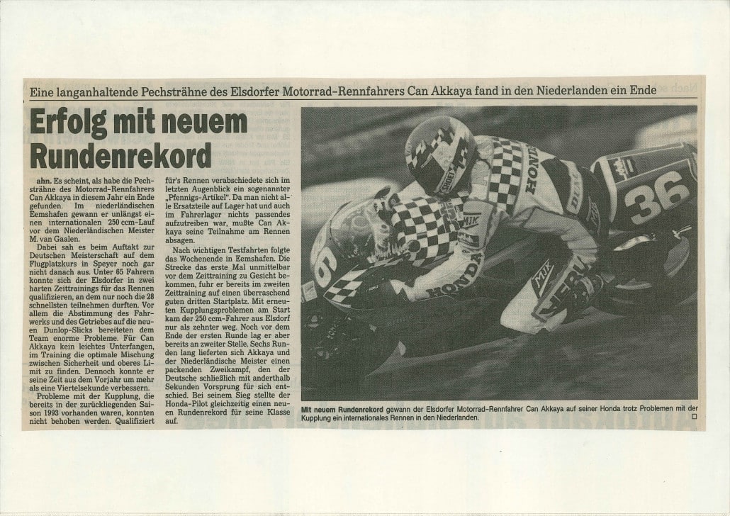 Success and lap record for Can Akkaya, announces the Werbepost News about his race in Eemshaaven 1994